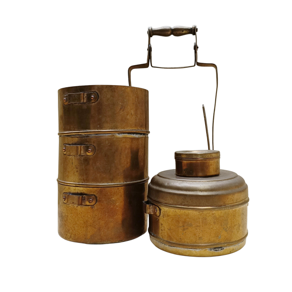 Vintage Brass Tiffin With 4 Containers. Height 42 cm x Diameter 14 cm