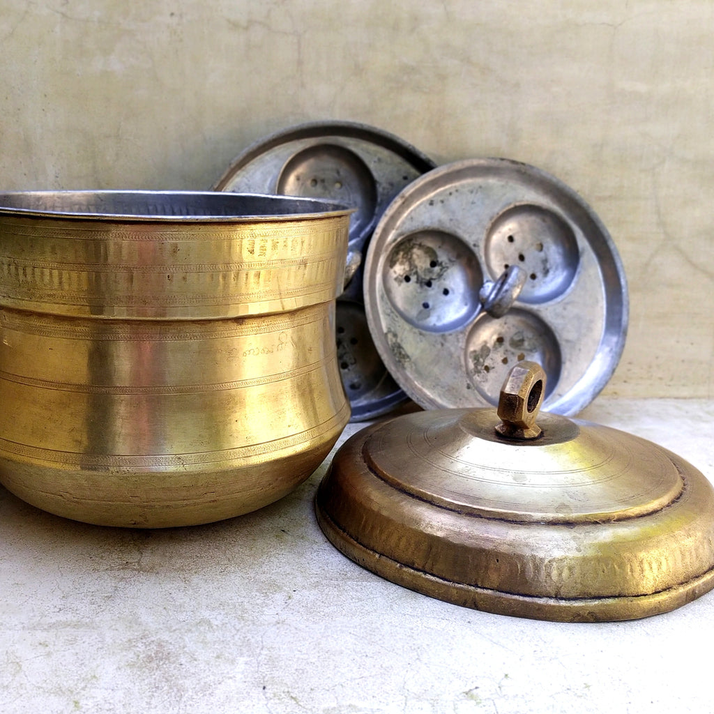 Vintage Idli Steamer | Patra Handcrafted In Brass With 2 Inserts, Height 30 cm x Diameter 25 cm