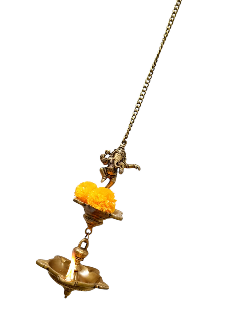 Vintage Brass 2 Tier Ganesh Lamp With 9 Diyas- Length 77 cm