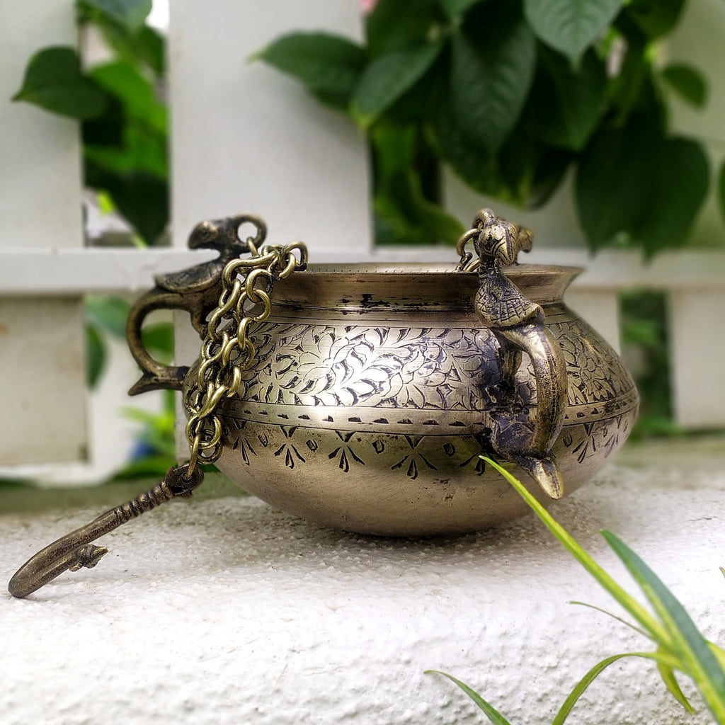 Exquisite Vintage Hanging Brass Planter With 3 Peacock Handles. Length With Chain 66 cm x Dia 17 cm