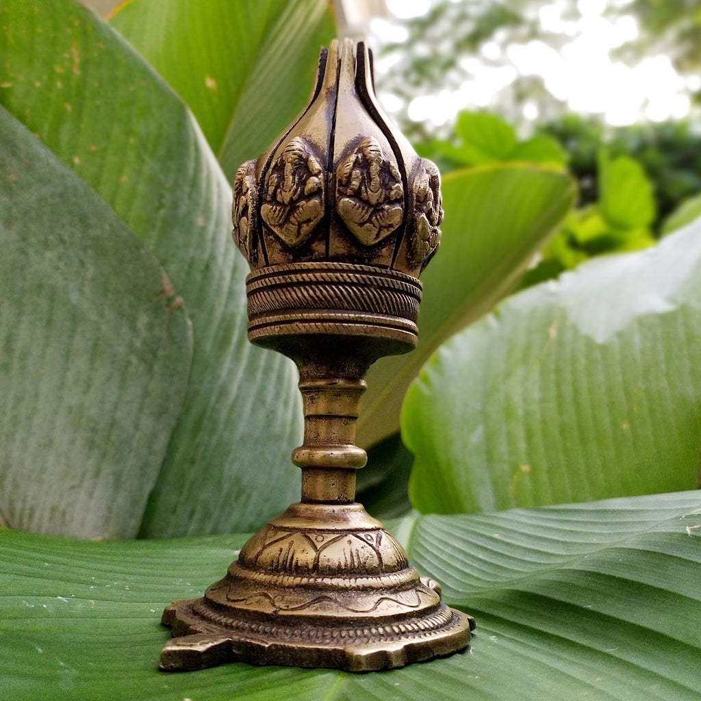 Vintage Ganesha Brass Lotus Lamp With 16 Petals On a Turtle Base. Height 16 cm