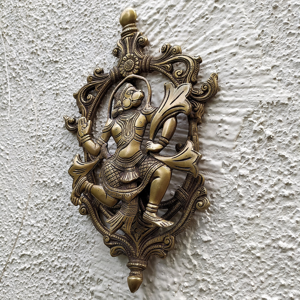 Majestic Handcrafted Brass Plaque of Hindu Diety Hanuman. Height 34 cm x Width 21 cm