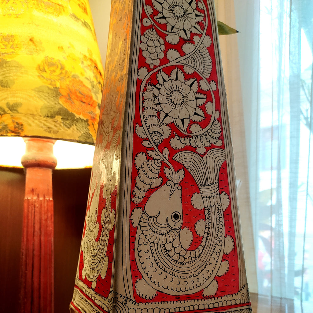 Kalamkari Craft Leather Lampshade With Mythological Fish Figures In Red & White Theme. Height 44 cm