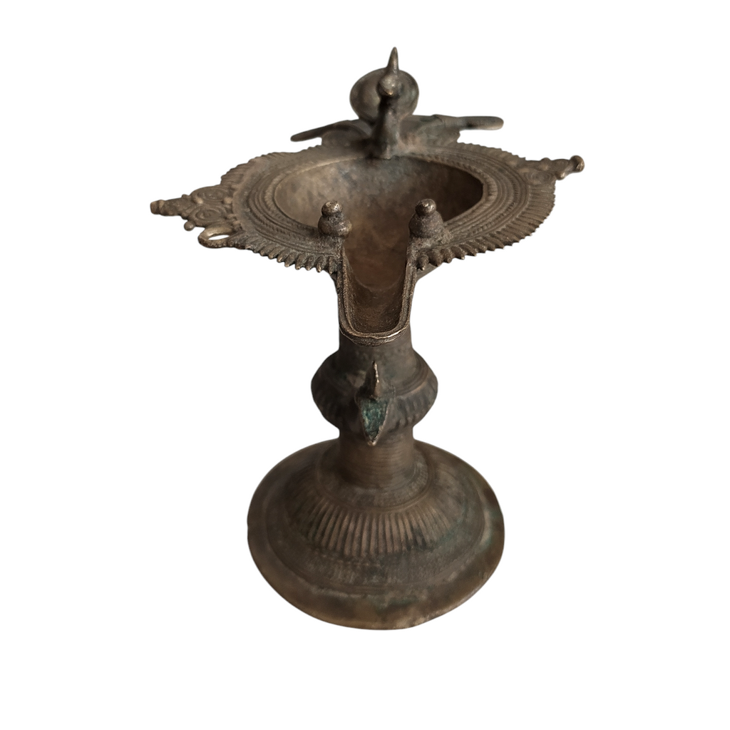 Vintage Odhisa Tribal Dhokra Brass Oil Lamp With Peacocks & Birds. L 16 cm x Ht 14 cm x Width 12 cm