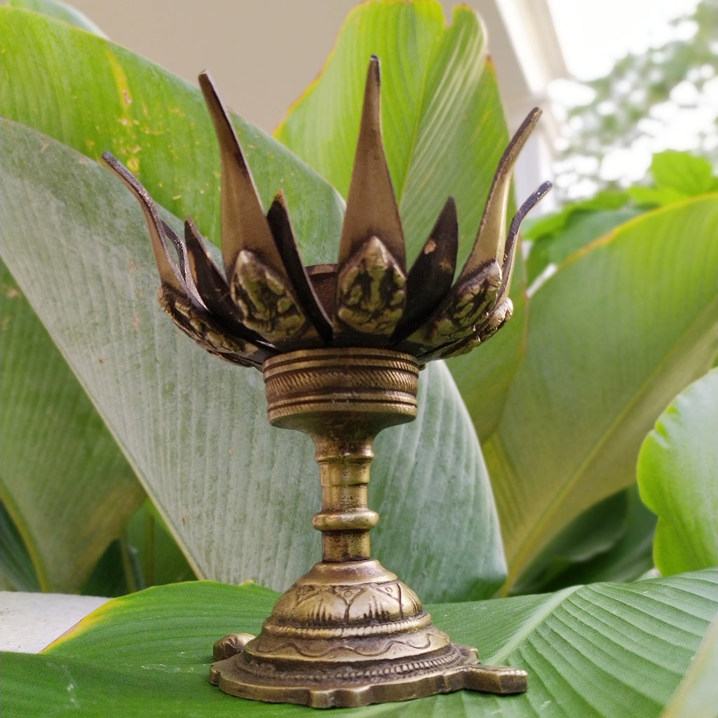 Vintage Ganesha Brass Lotus Lamp With 16 Petals On a Turtle Base. Height 16 cm