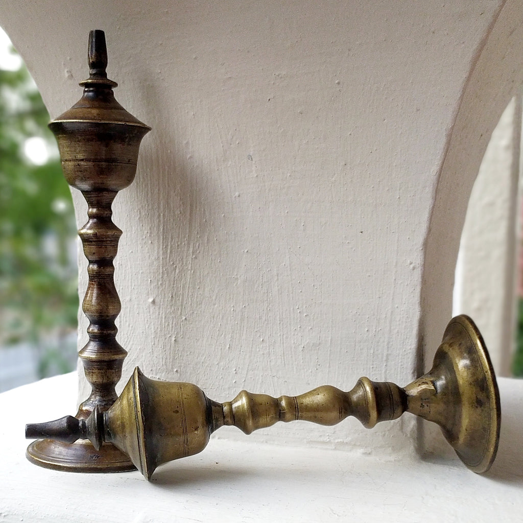 Vintage Pair Of Brass Oil & Wick Lamps. Height 24 cm x Diameter 9 cm