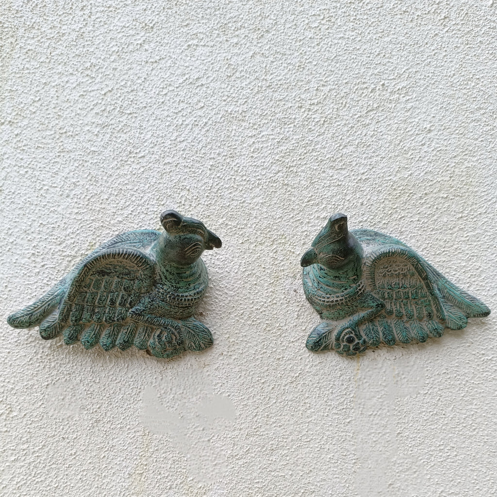 Enchanting Pair of Handcrafted Brass Parrots. Length 16 cm x Height 13 x Depth 5 cm