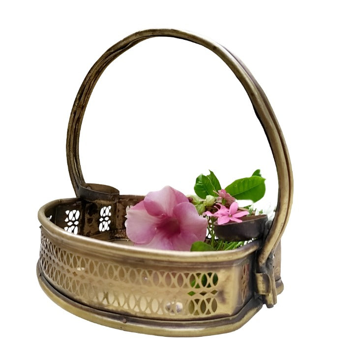 Poola Sajja - Vintage Brass Flower Basket - L 23 cm x W 21 cm x Ht 23 cm