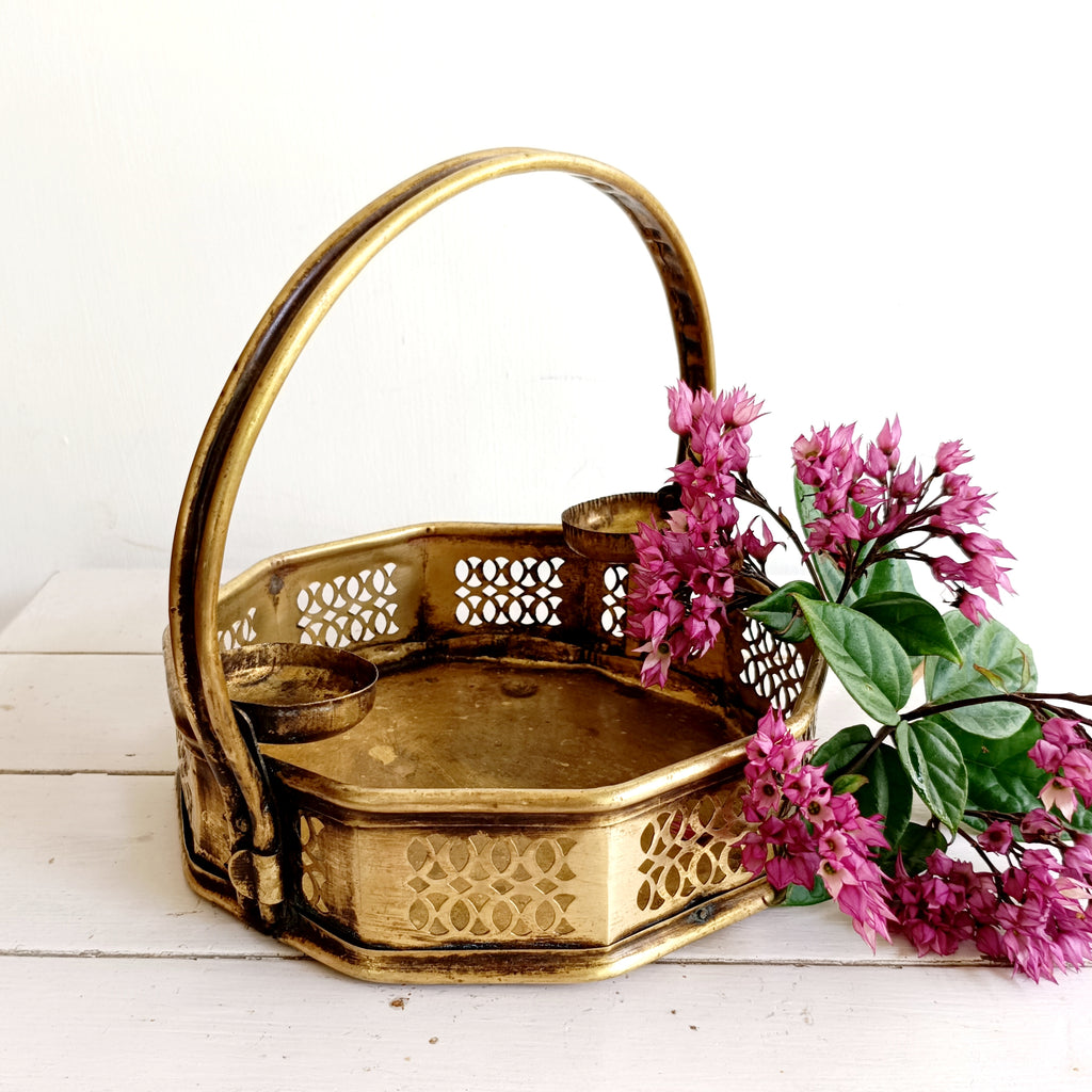 Poola Sajja - Traditional Vintage Brass Flower Basket - Length 22 cm x W 22 cm x Ht 22 cm