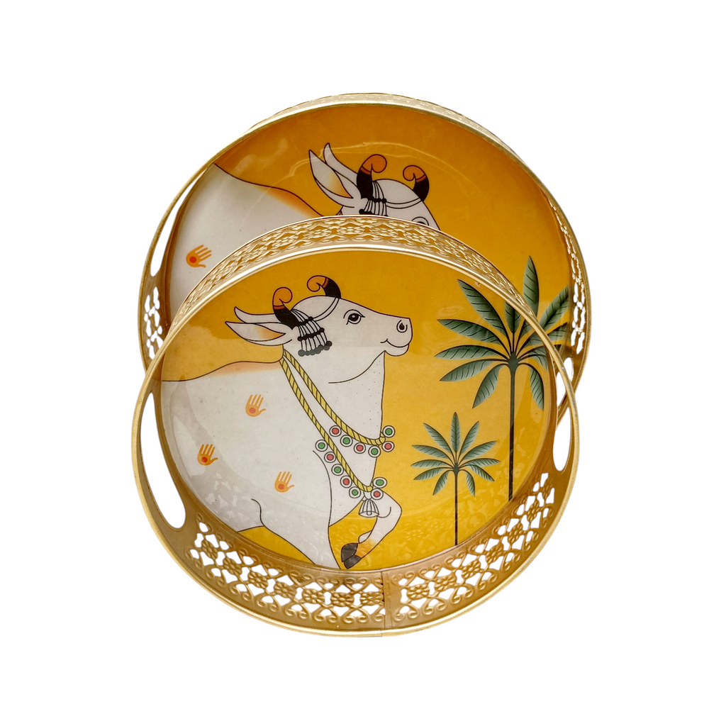 Pair Of Exquisite Round Metal Trays With Pichwai Art Of Nandi. Diameter 25 & 20 cm