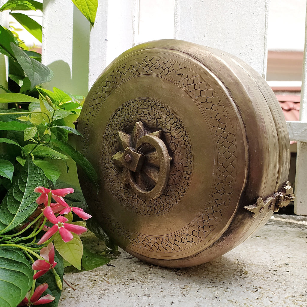 Traditional Brass Chappati Dabba | Bread Box From Northern India - Dia 22 cm x Ht 10 cms