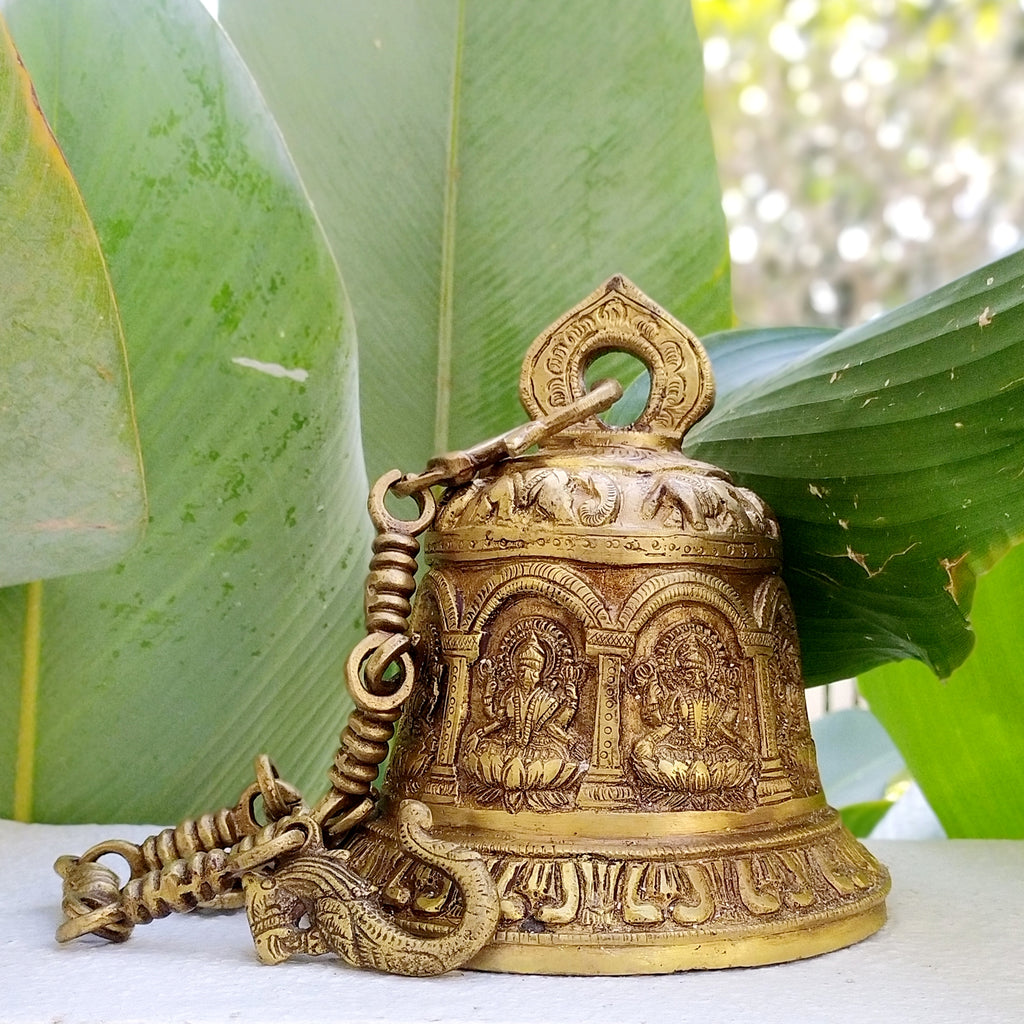 Magnificent Brass Temple Bell On Chain With 8 Avatars Of Goddess Lakshmi. Length 78 cm x Diameter 16 cm