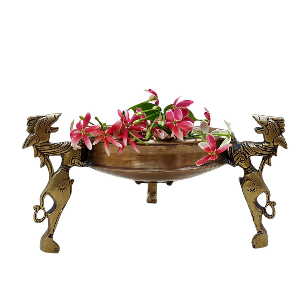 Traditional Brass Urli Handcrafted With 3 Mythical Yali Legs. Diameter 20 cm x Height 15 cm