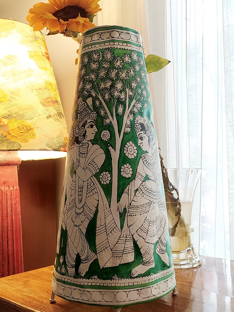 Kalamkari Style Leather Lampshade Depicting Radha Krishna In Colours of Vibrant Green & White. Height 44 cm