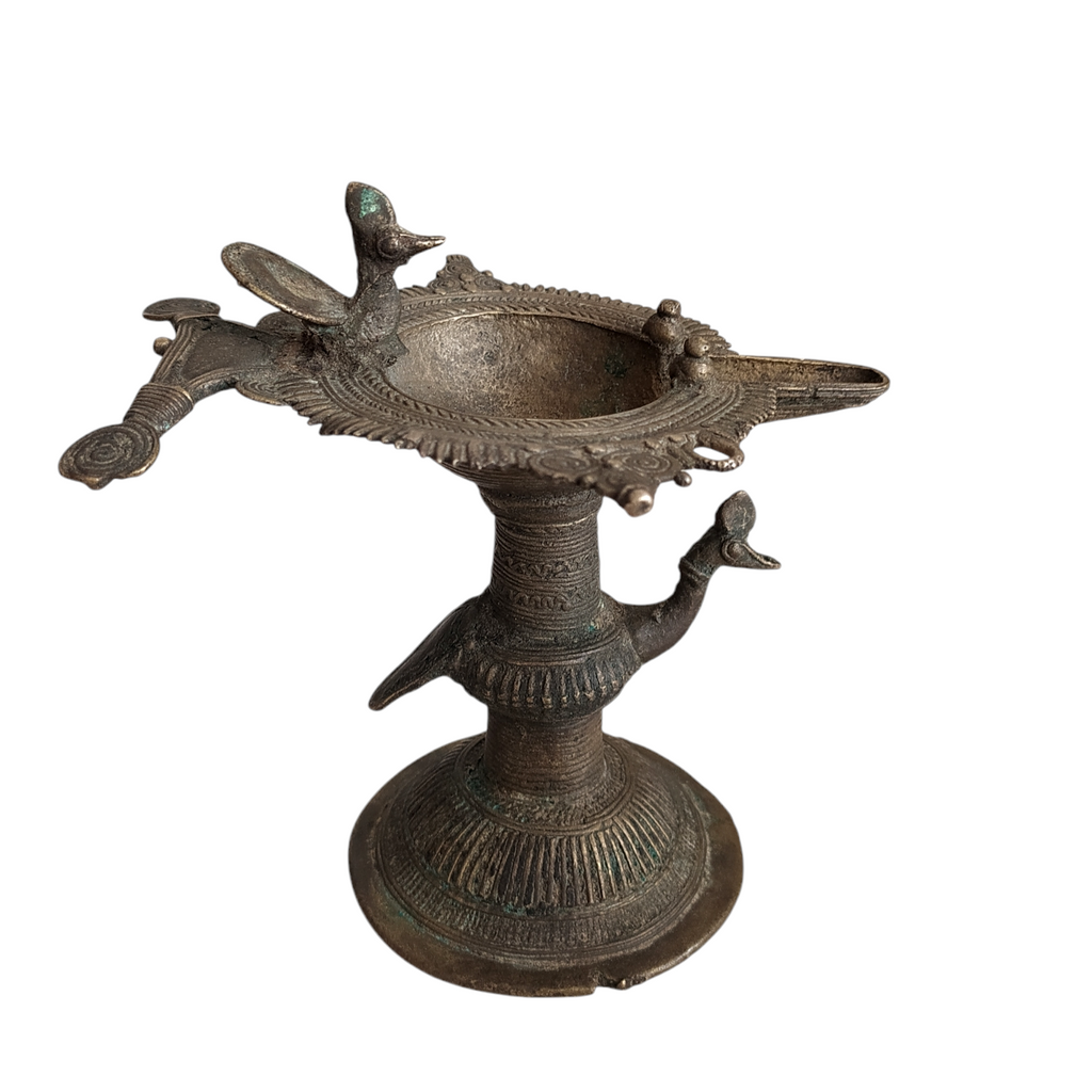 Vintage Odhisa Tribal Dhokra Brass Oil Lamp With Peacocks & Birds. L 16 cm x Ht 14 cm x Width 12 cm