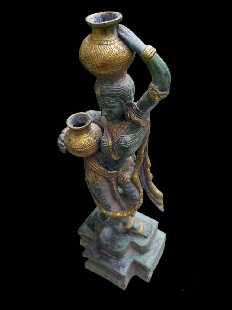 Village Woman Carrying Water Pots Handcrafted In Brass With A  Green & Gold Patina. Height 38 cm