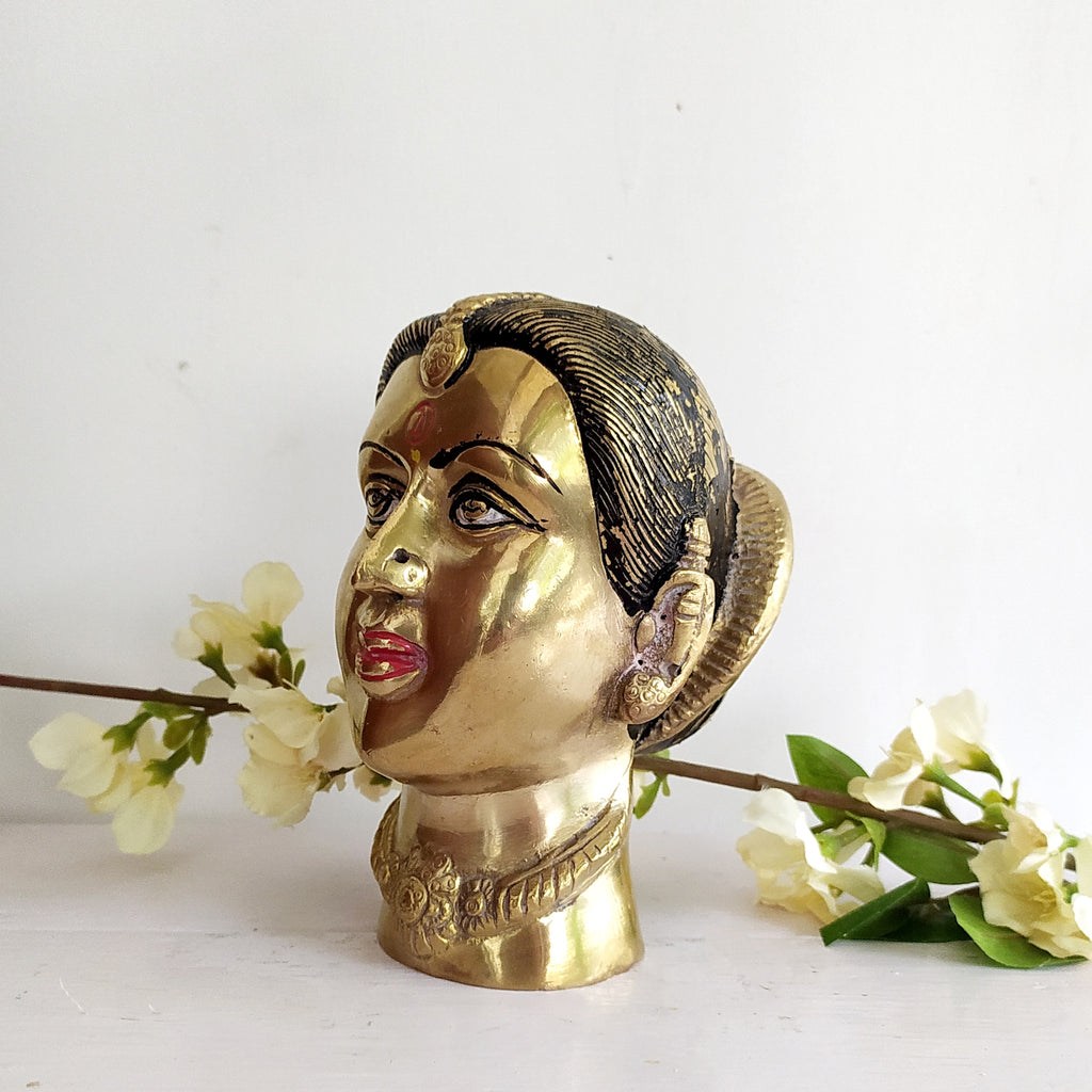 Vintage Brass Bust of Gangaur Gauri - Indian Goddess of Fertility, Love & Devotion . Height 16 cm x Width 11 cm x Depth 13 cm
