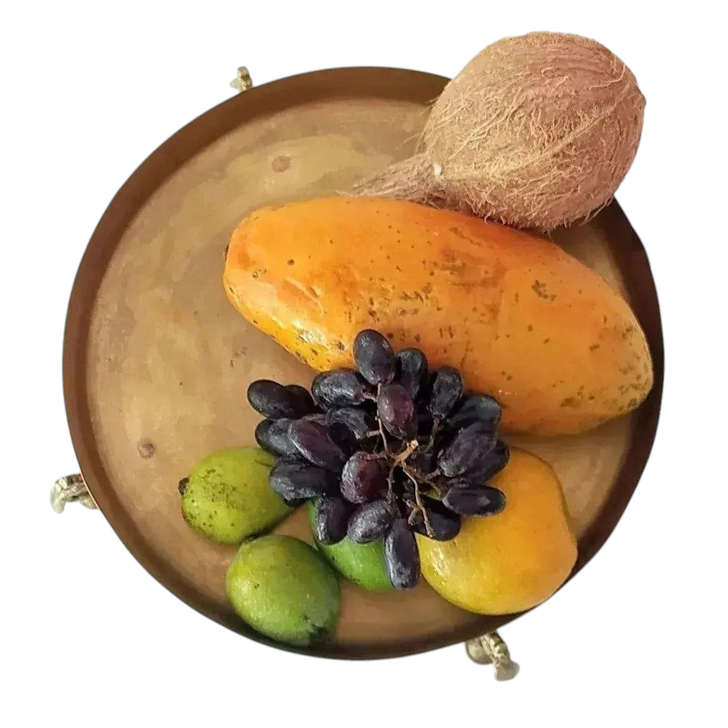 Brass Fruit Bowl Handcrafted With 3 Peacock shaped Legs - Diameter 29 cm x Height 9 cm