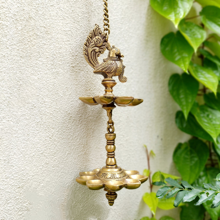 Vintage Two Tiered Brass Lamp of The Mythical Hamsa With 16 Diyas. Length 70 cm
