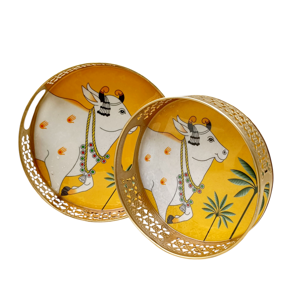 Pair Of Exquisite Round Metal Trays With Pichwai Art Of Nandi. Diameter 25 & 20 cm