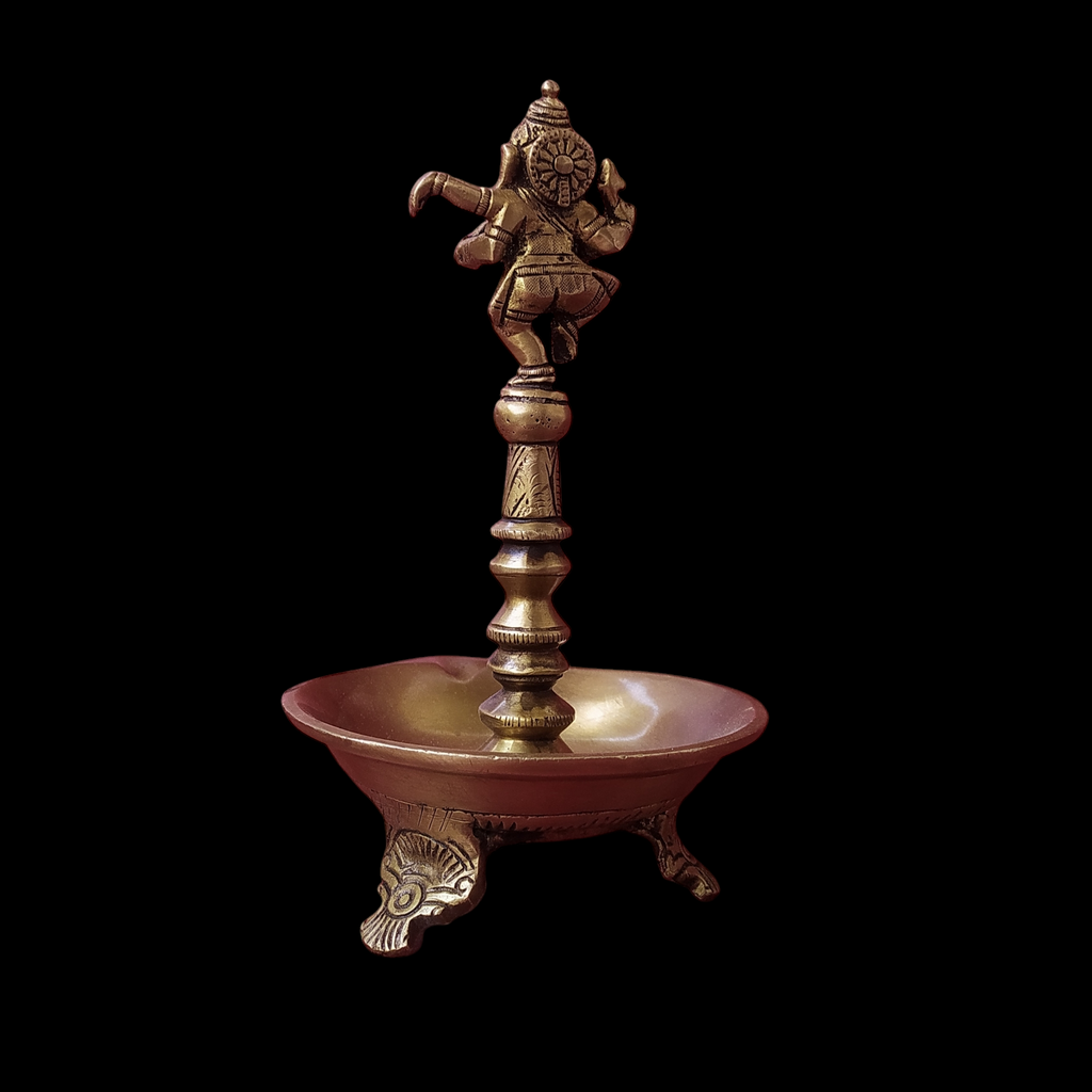 Majestic Brass Oil Lamp With Dancing Ganesha - Height 22 cm x Diameter 13