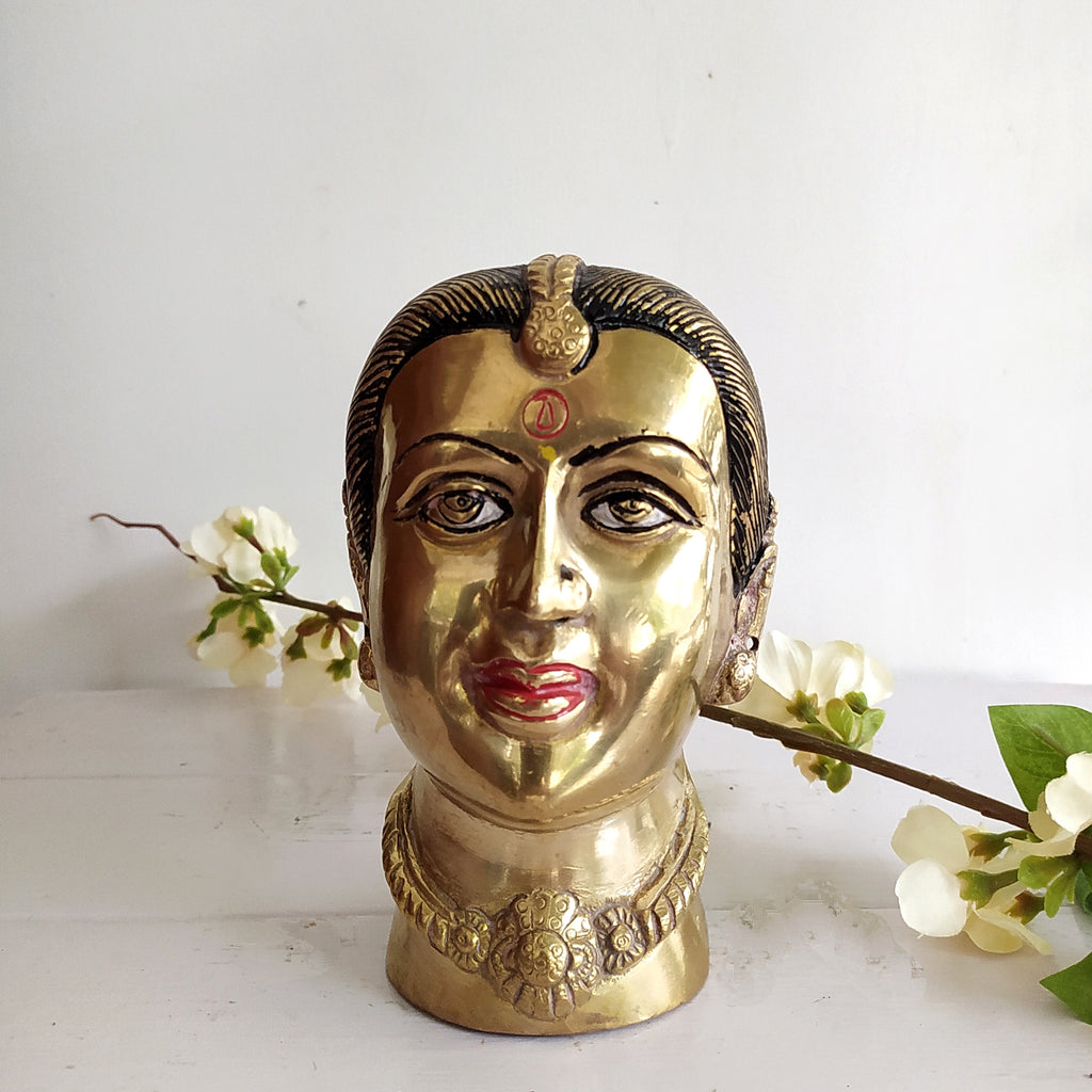 Vintage Brass Bust of Gangaur Gauri - Indian Goddess of Fertility, Love & Devotion . Height 16 cm x Width 11 cm x Depth 13 cm