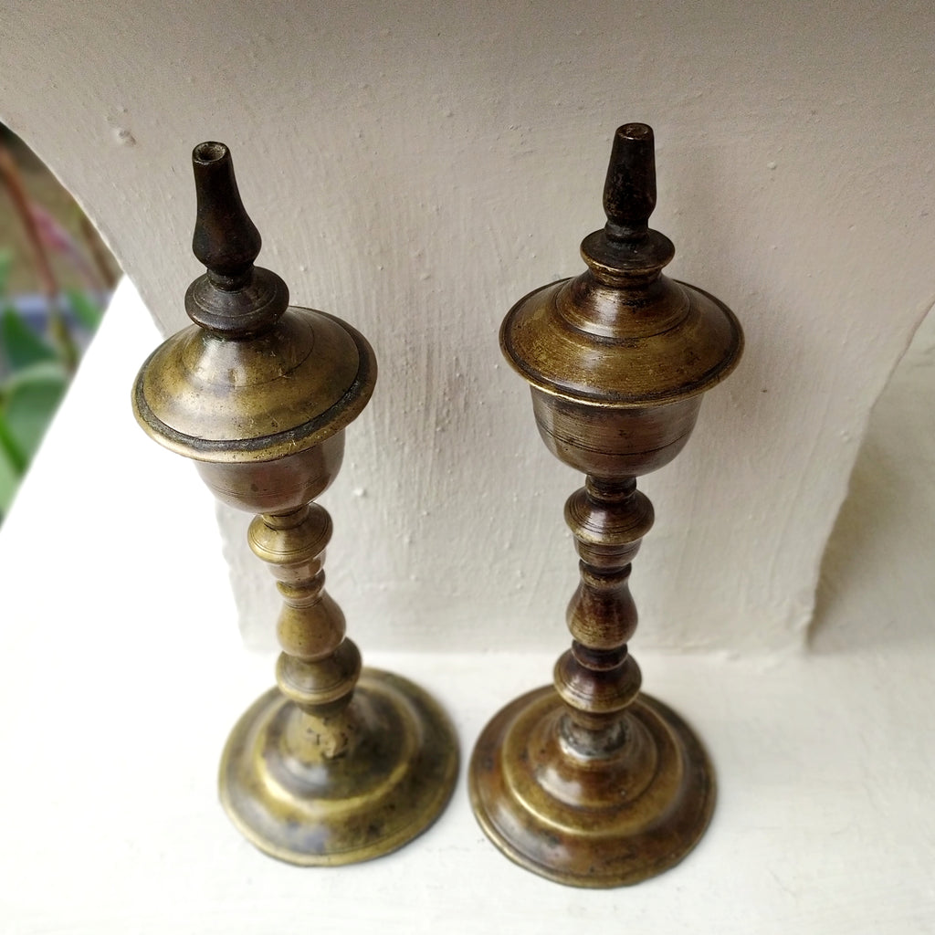 Vintage Pair Of Brass Oil & Wick Lamps. Height 24 cm x Diameter 9 cm