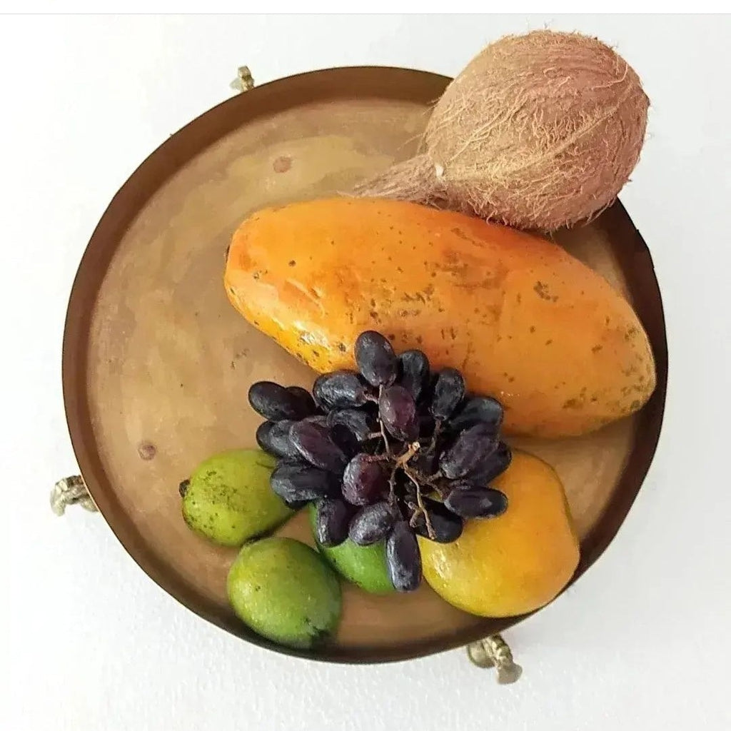 Brass Fruit Bowl Handcrafted With 3 Peacock shaped Legs - Diameter 29 cm x Height 9 cm