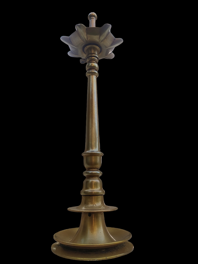 Traditional Brass Oil Lamp | Vilakku With 7 Grooves & Chain. Height 52 cm x Diameter 14 cm