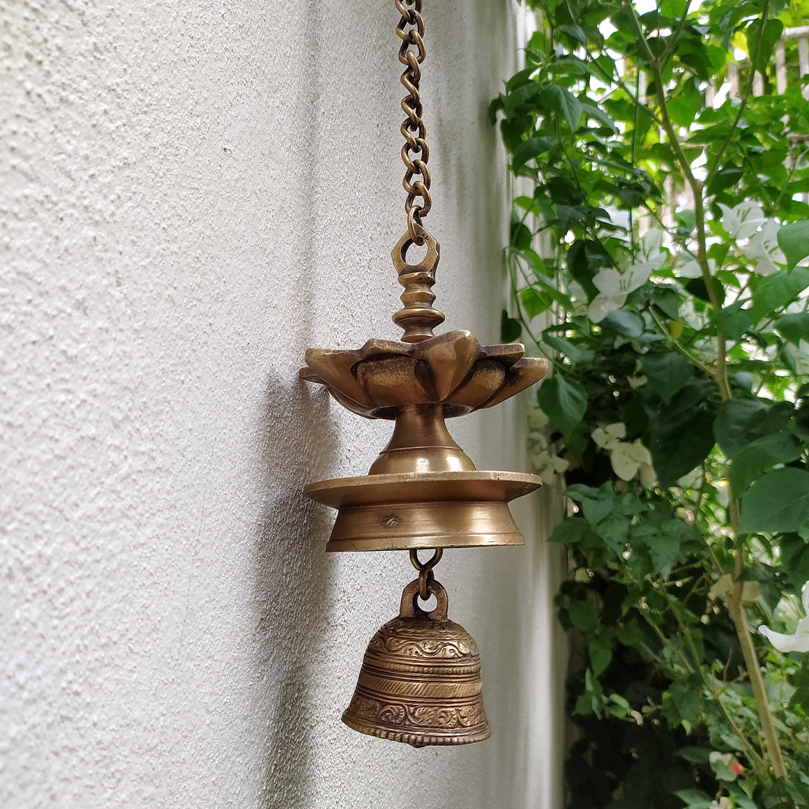 Vintage Brass Hanging Oil Lamp With Bell - "Thooku Vilakku" From South India. Length 91 cm x Diameter 10 cm