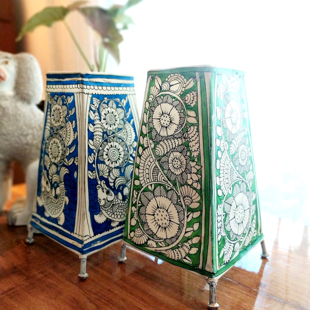 Pair Of Kalamkari Style Leather Lamps In Colours of Vibrant Green & Indigo Blue. Height 24 cm