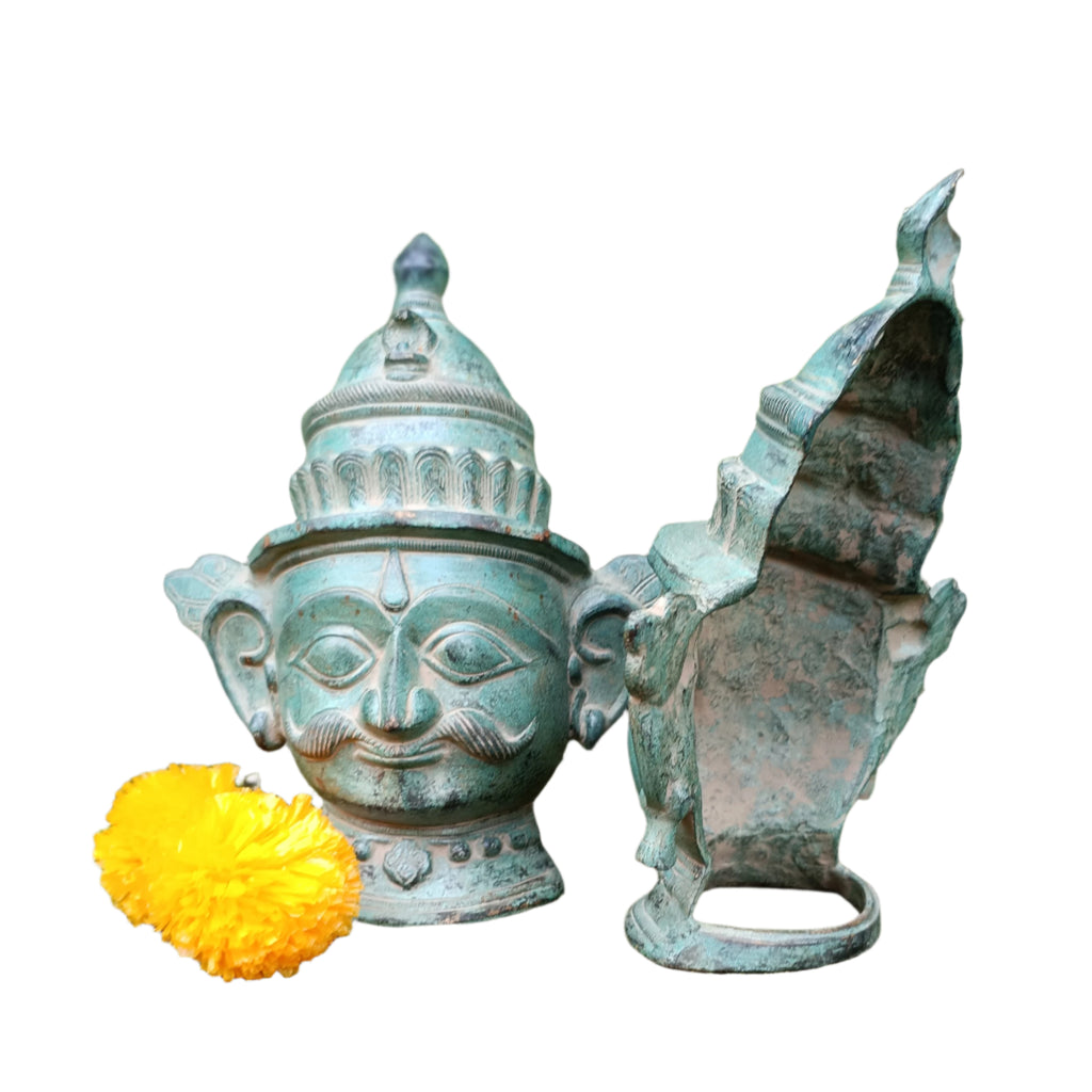 Brass Mukhlingam of Hindu Gods Shiva & Parvati In Green Patina. Height 23 cm x Width 18.5 cm