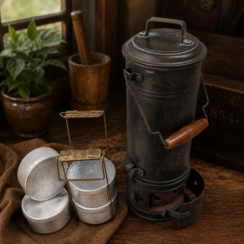 Vintage Coal-Heated Brass Tiffin with Four Food Containers | Mid-Century Indian Kitchenware. Height 49 cm