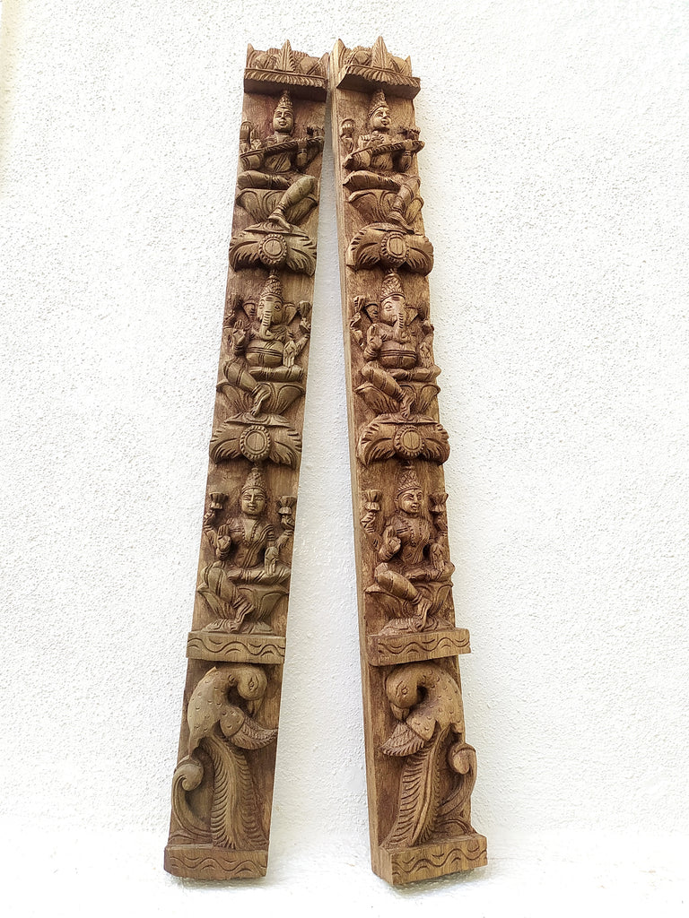 Hand Carved Wooden Panels Of Hindu Deities Lakshmi, Ganesha & Saraswati. Height 90 cm x Width 11 cm