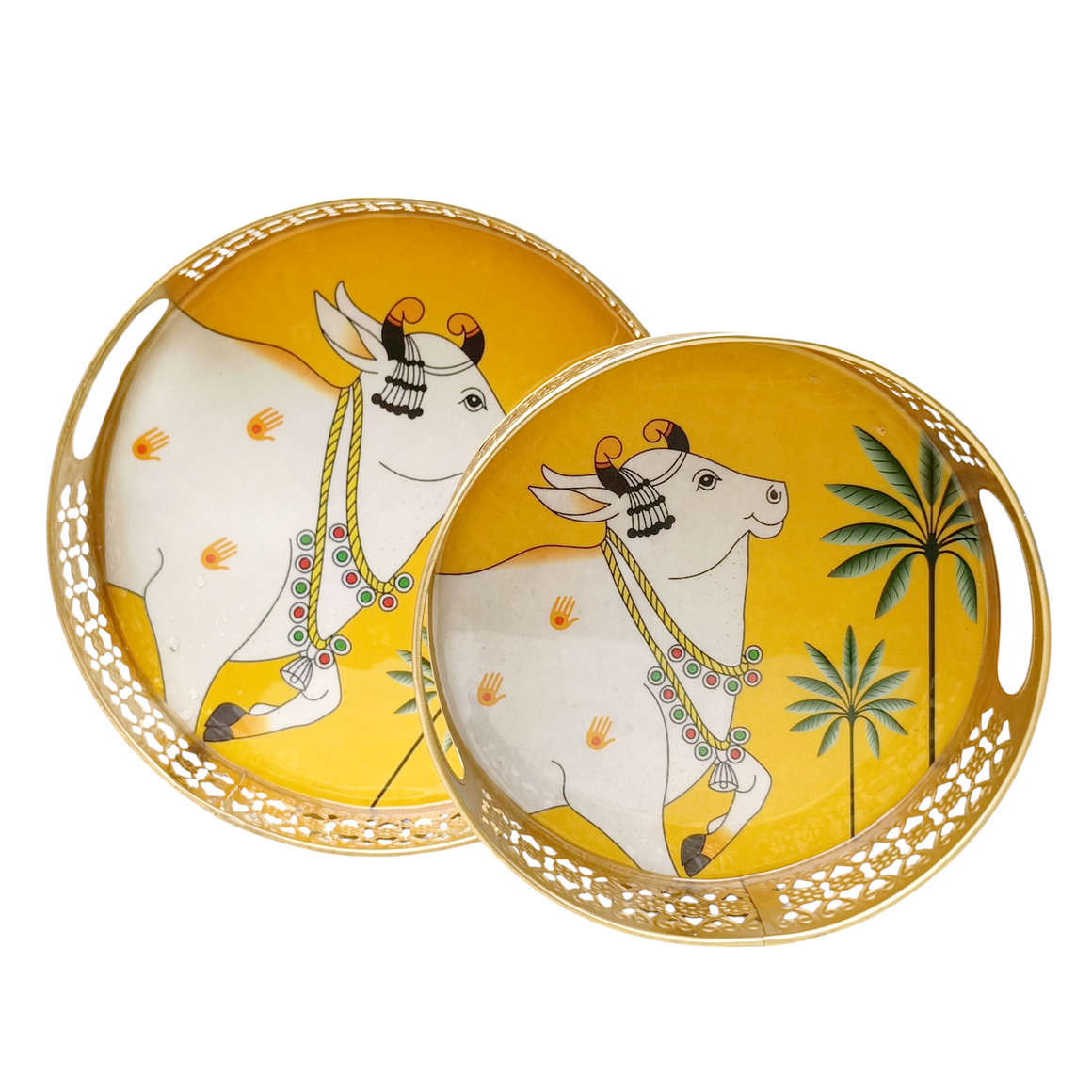 Pair Of Exquisite Round Metal Trays With Pichwai Art Of Nandi. Diameter 25 & 20 cm