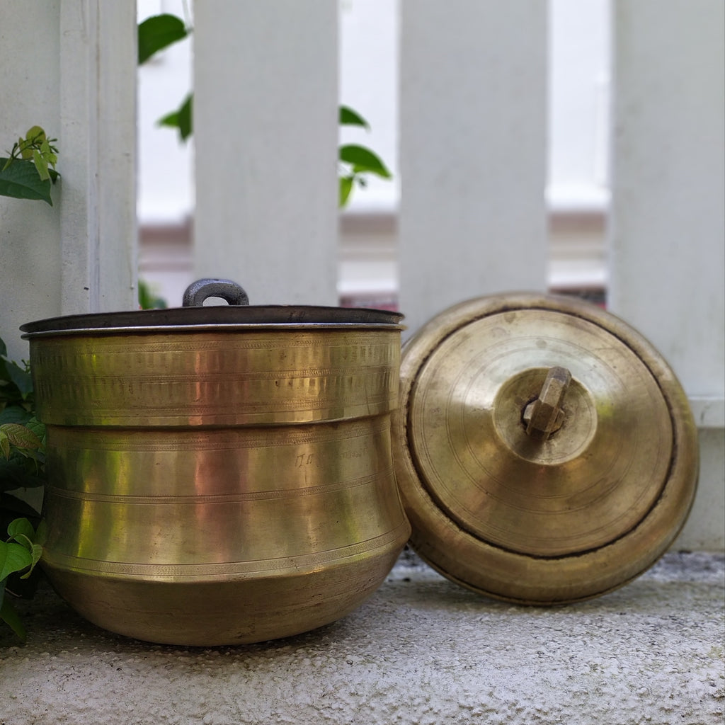 Vintage Idli Steamer | Patra Handcrafted In Brass With 2 Inserts, Height 30 cm x Diameter 25 cm