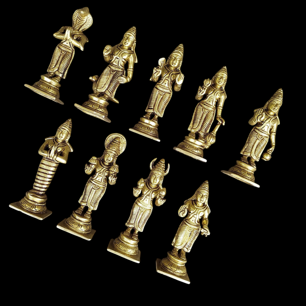 Divine collection of 9 Navagraha brass idols - Celestial bodies Affecting Human Life. Height 13.5 cm