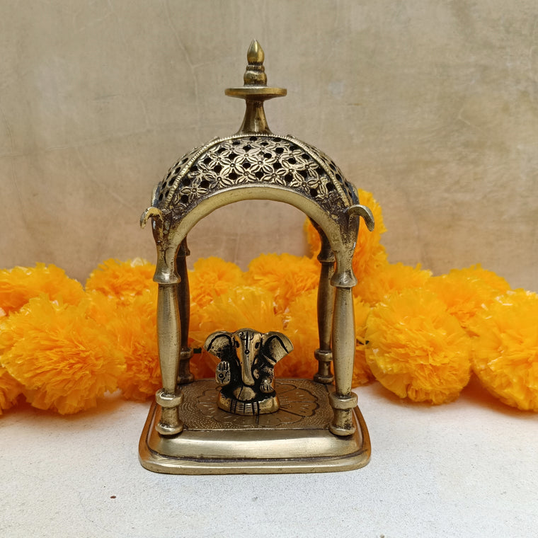 Brass Jharoka or Temple With Ganesha - Home To The Gods. Ht 17 cm x Base 10 x 9 cms - The Indian Weave