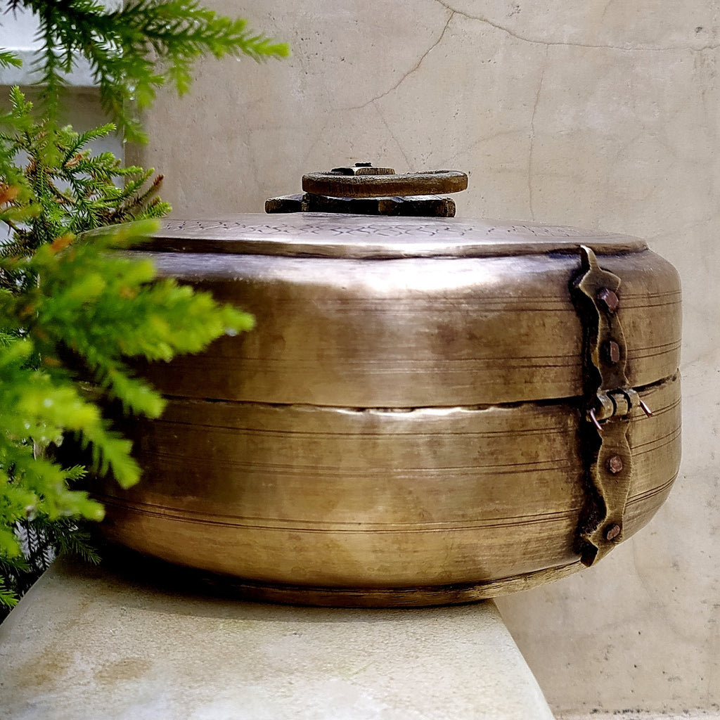 Traditional Brass Chappati Dabba | Bread Box From Northern India - Dia 22 cm x Ht 10 cms