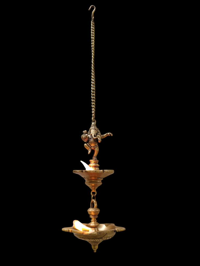 Vintage Brass 2 Tier Ganesh Lamp With 9 Diyas- Length 77 cm