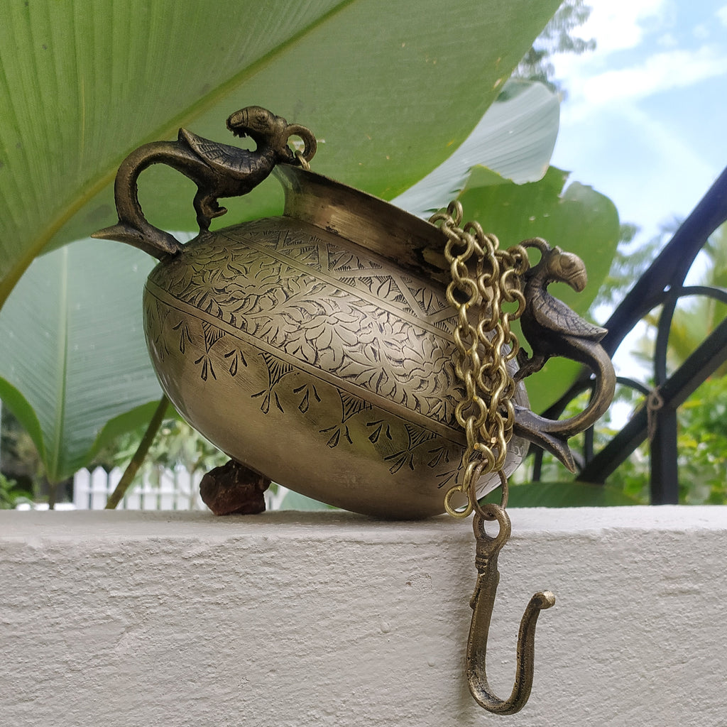 Vintage Hanging Brass Planter With 3 Peacock Handles. Length With Chain 89 cm x Diameter 16 cm