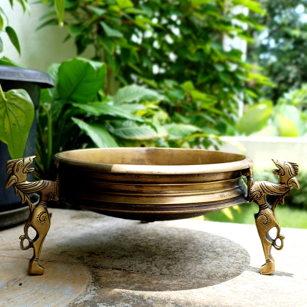 Traditional Brass Urli Handcrafted With 3 Mythical Yali Legs. Diameter 28 cm x Height 15 cm