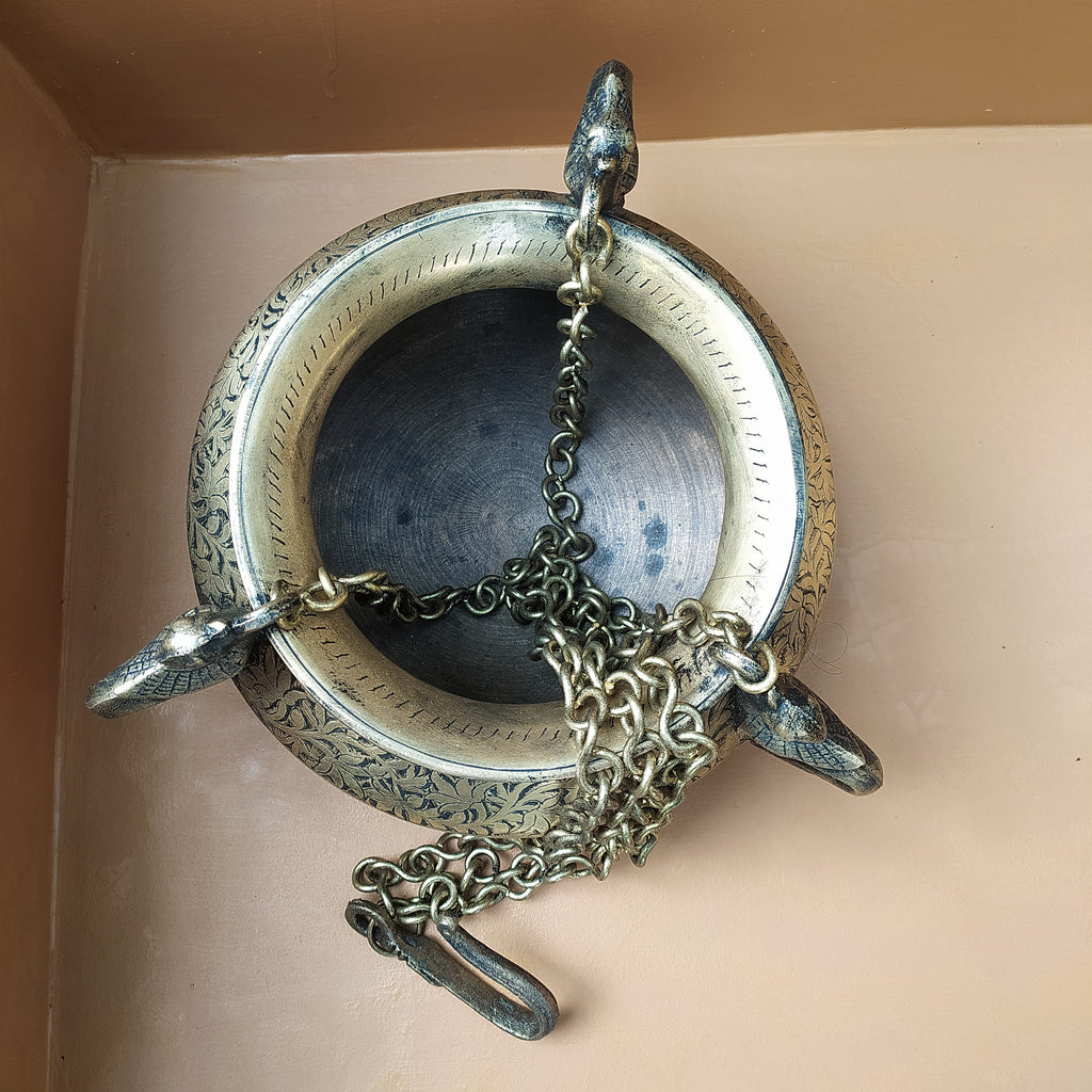 Vintage Hanging Brass Planter With 3 Peacock Handles. Length With Chain 88 cm x Diameter 17 cm