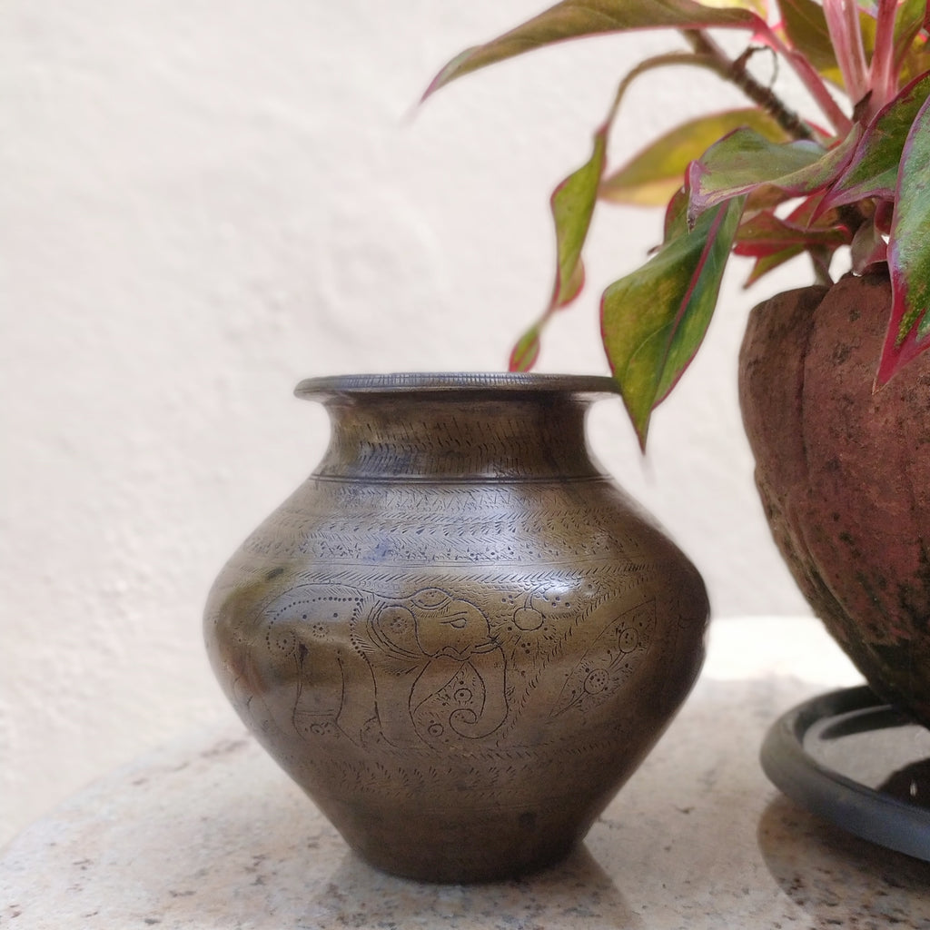 Vintage Brass Lota - Drinking Water Vessel Engraved With Elephants. Height 14 cm x Diameter 10 cm