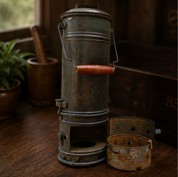 Vintage Coal-Heated Brass Tiffin with Four Food Containers | Mid-Century Indian Kitchenware. Height 49 cm