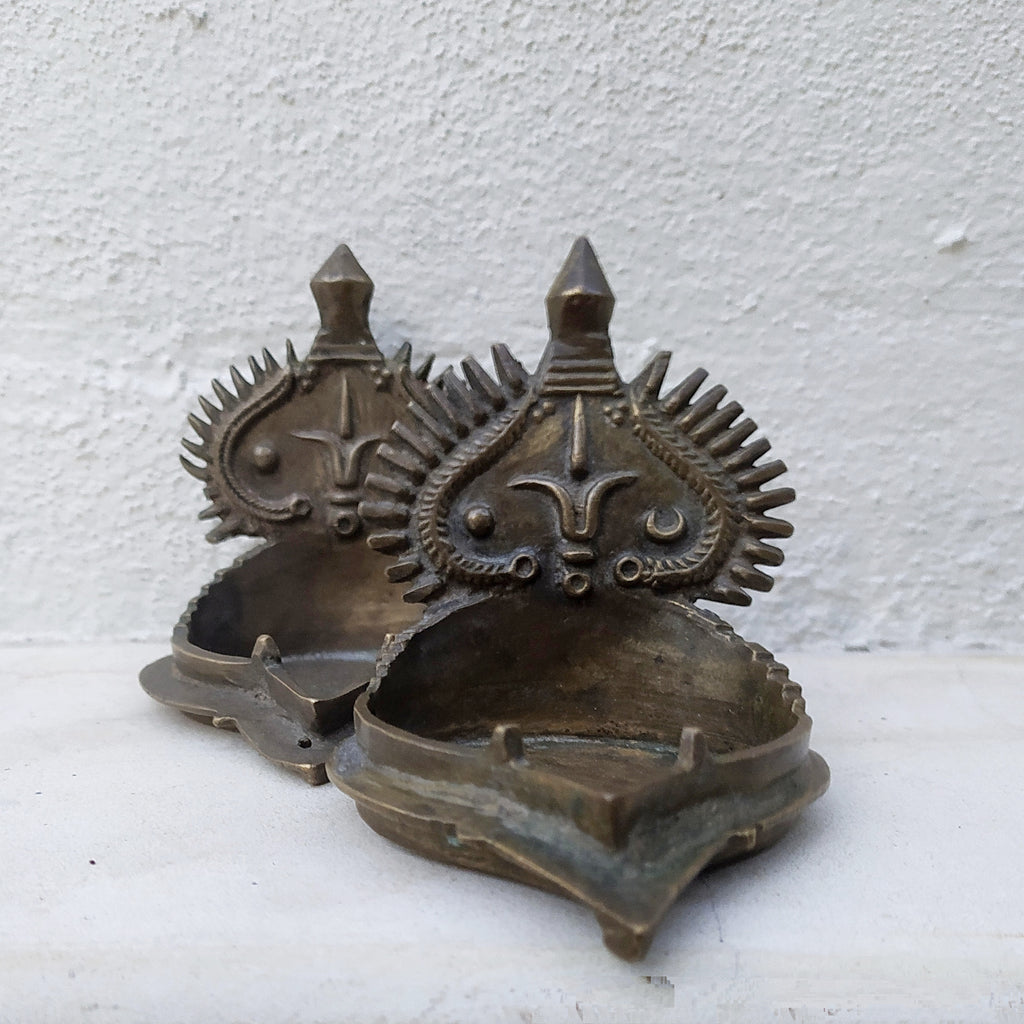 Traditional Pair of Brass Vishnu Oil Lamps from South India. Height 10 x Width 9 cm