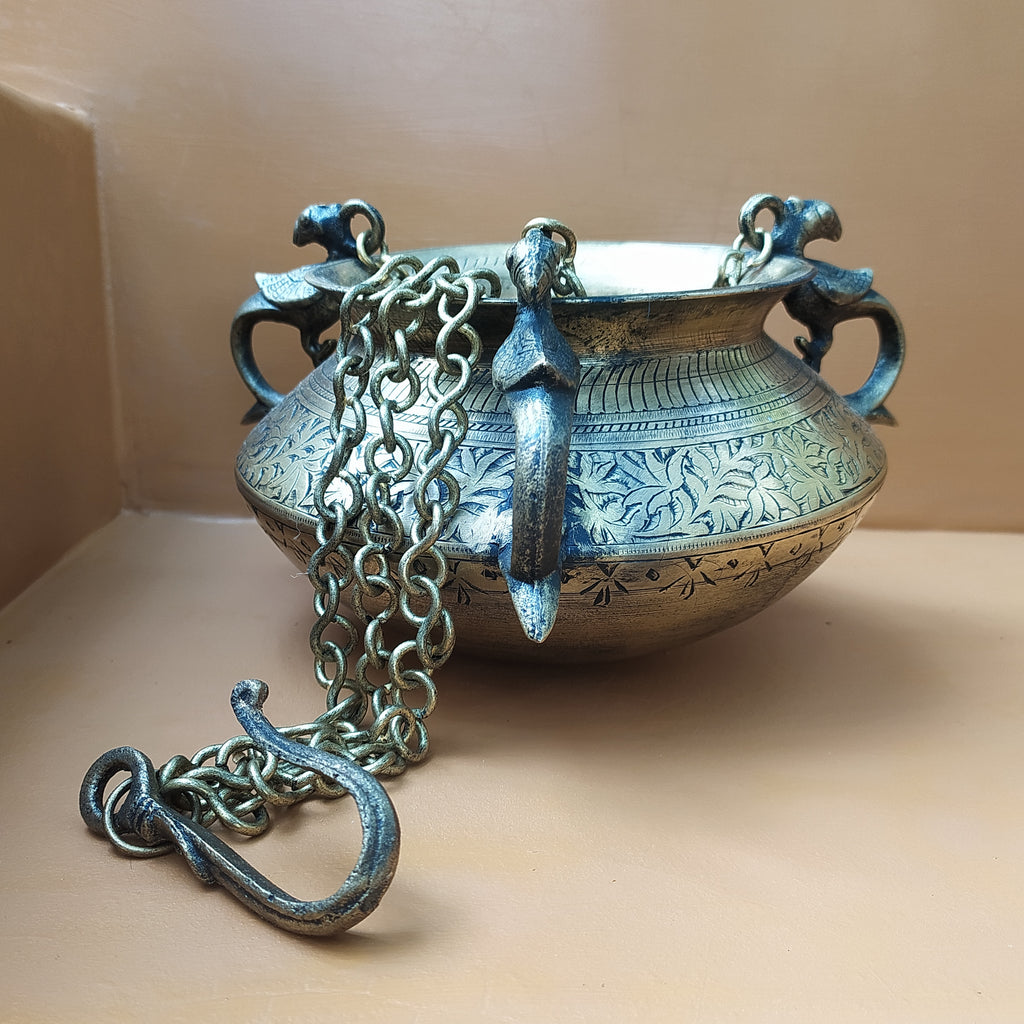 Vintage Hanging Brass Planter With 3 Peacock Handles. Length With Chain 88 cm x Diameter 17 cm