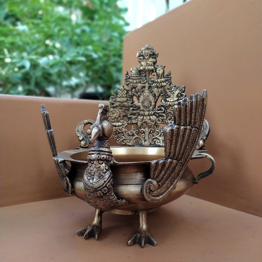 Majestic Brass Peacock Urli For Floating Flowers & Diyas - Height 29 cm x Length 23 cm x Diameter 20 cm