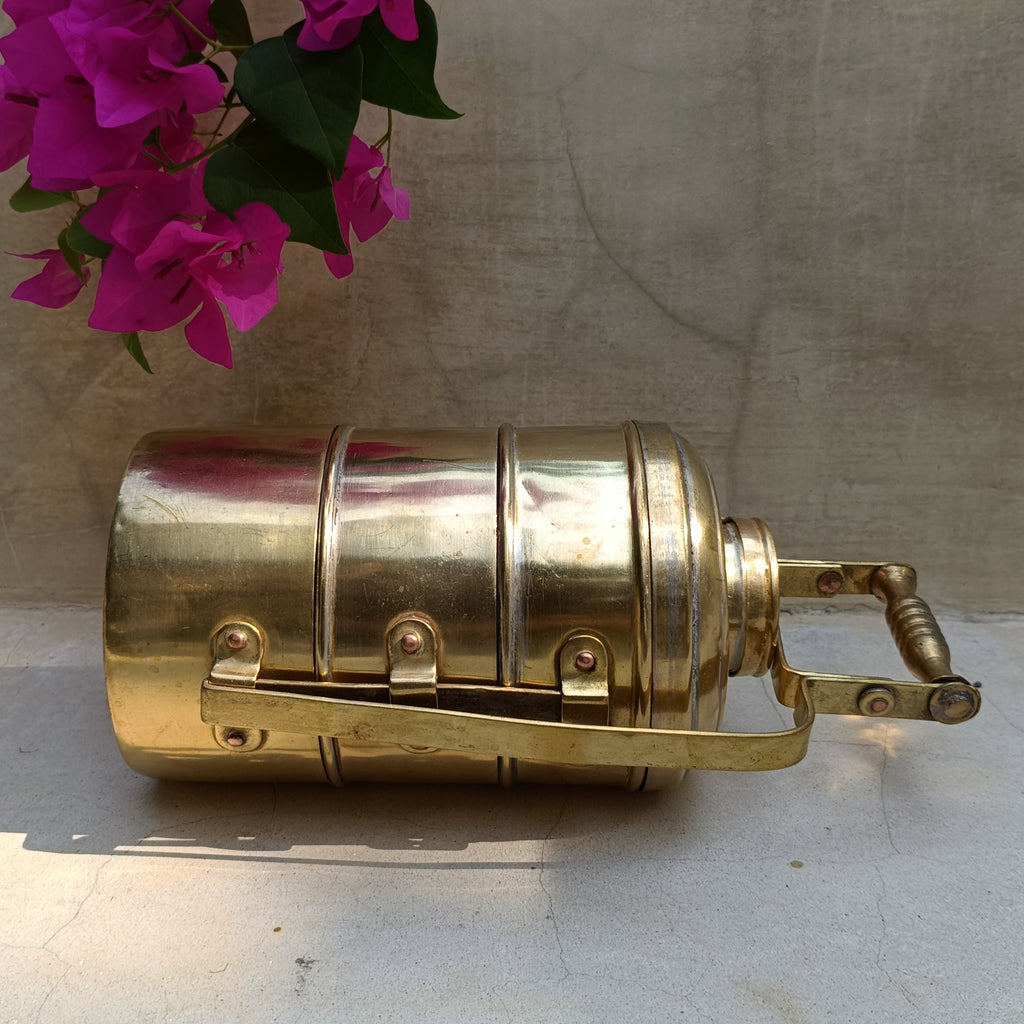 Vintage Brass Tiffin With 3 Containers. Height 26 cm x Diameter 11 cm