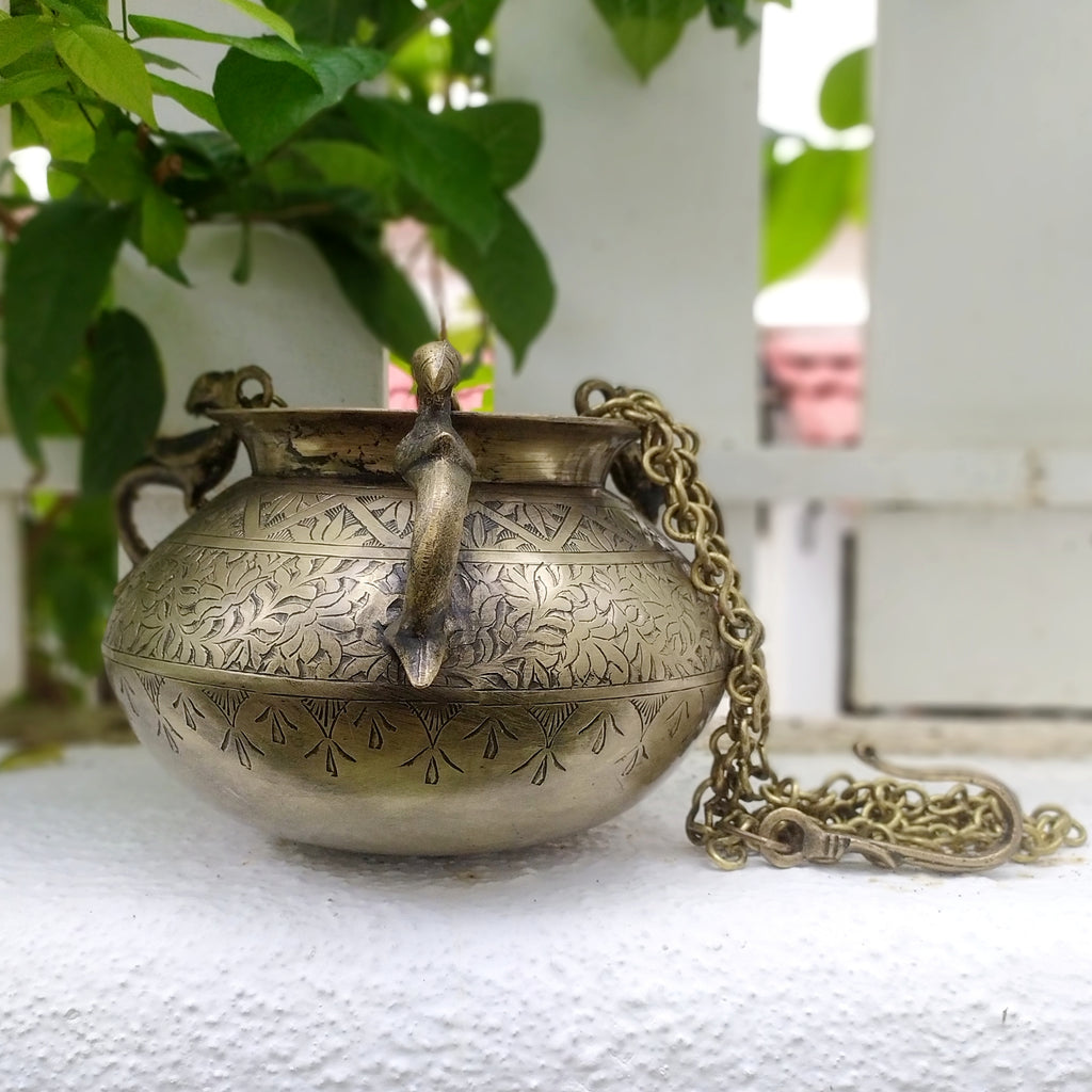 Vintage Hanging Brass Planter With 3 Peacock Handles. Length With Chain 89 cm x Diameter 16 cm